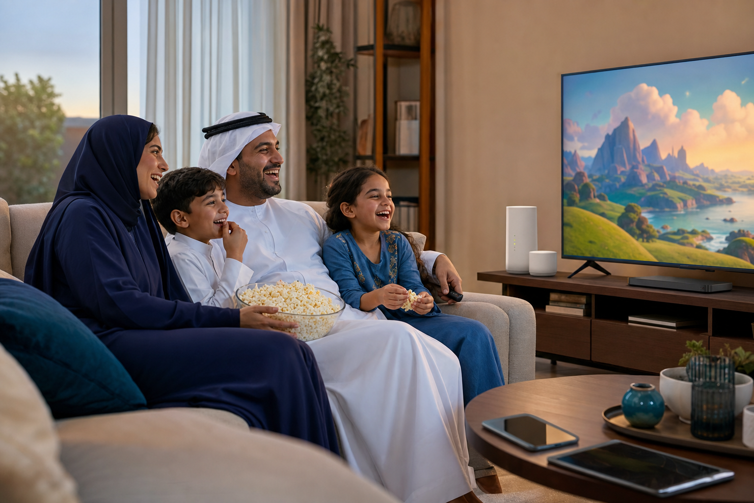 Family enjoying home streaming with Wi-Fi equipment